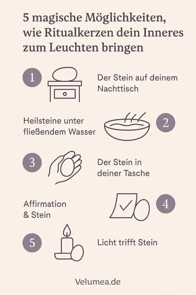 5 magische Möglichkeiten, wie Ritualkerzen dein Inneres zum Leuchten bringen 1 Infografik mit 5 Möglichkeiten, wie Ritualkerzen für Achtsamkeit, Intention, Reinigung, Verbindung und Meditation genutzt werden können.