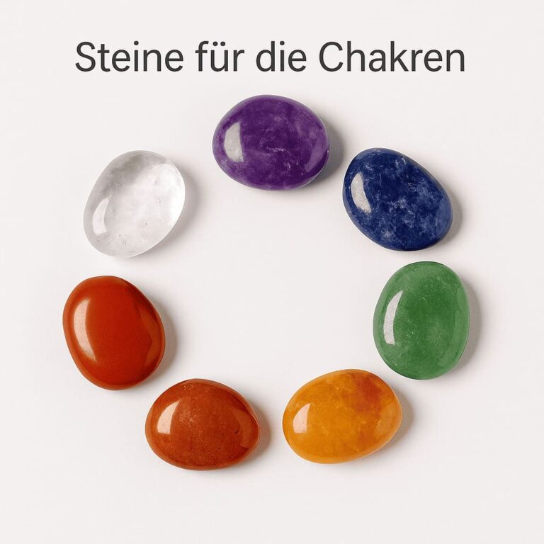 Fotorealistisches Bild mit 7 farblich zugeordneten Heilsteinen, passend zu den sieben Chakren: Jaspis, Karneol, Citrin, Rosenquarz, Amazonit, Amethyst, Bergkristall.