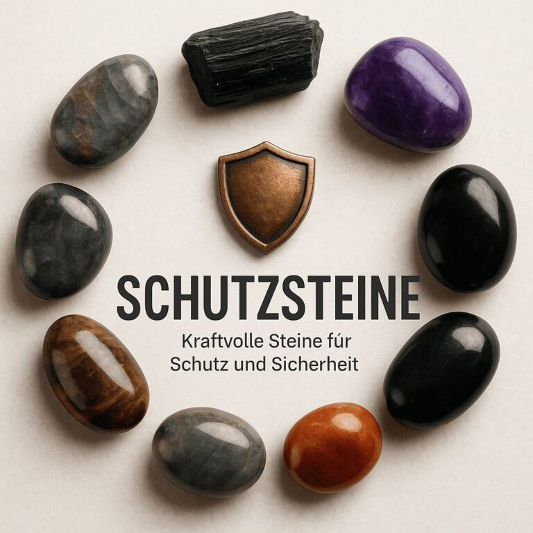Fotorealistisches Bild mit sechs polierten Schutzsteinen, kreisförmig angeordnet, mit Lichtkreis als Symbol für energetischen Schutz und innere Stärke.