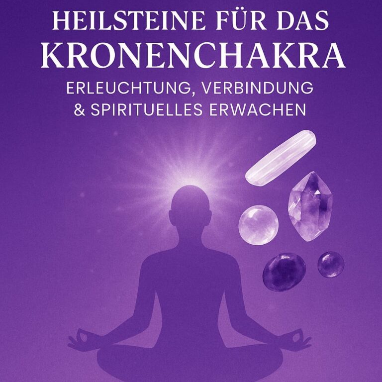 Symbolisches Bild zum Kronenchakra mit violettem Licht, schwebenden Heilsteinen und spirituellem Flair – Ausdruck von Erleuchtung und göttlicher Verbindung