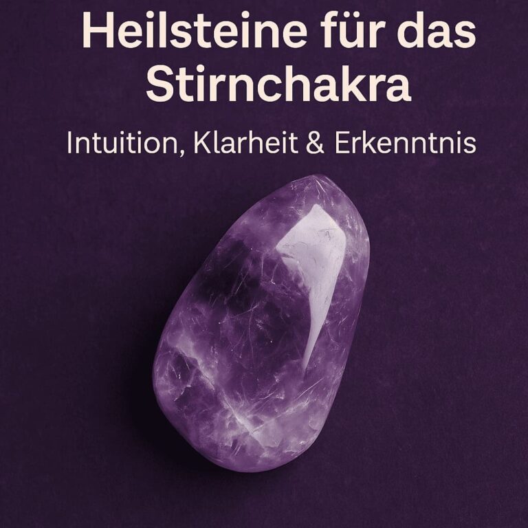 Symbolisches Bild mit Amethyst und violettem Licht im Stirnchakra-Bereich – steht für Intuition, geistige Klarheit und das dritte Auge