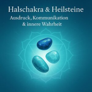 Illustratives Bild mit bläulichem Licht, schwebenden Heilsteinen und Halschakra-Symbol – steht für Kommunikation, Ausdruck und Wahrheit