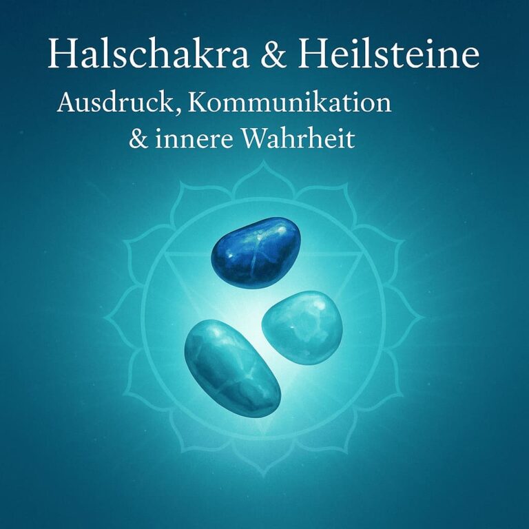 Illustratives Bild mit bläulichem Licht, schwebenden Heilsteinen und Halschakra-Symbol – steht für Kommunikation, Ausdruck und Wahrheit