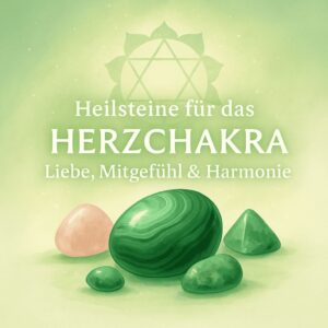 Illustratives Bild mit rosa-grünen Heilsteinen und Herzchakra-Symbol – steht für Liebe, Mitgefühl und emotionale Heilung