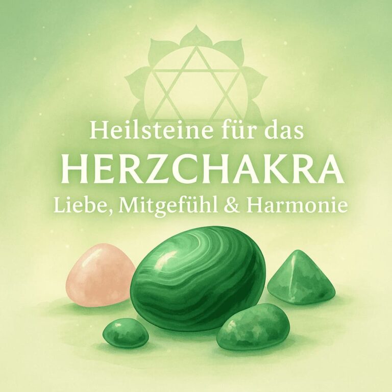 Illustratives Bild mit rosa-grünen Heilsteinen und Herzchakra-Symbol – steht für Liebe, Mitgefühl und emotionale Heilung