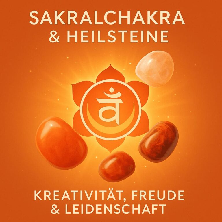 Illustratives Bild mit orangefarbenen Heilsteinen und Sakralchakra-Symbol – steht für Lebenslust, Kreativität und emotionale Lebendigkeit