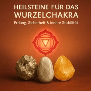 Illustration mit dunklen Heilsteinen und Wurzelchakra-Symbol – steht für Stabilität, Erdung und innere Sicherheit