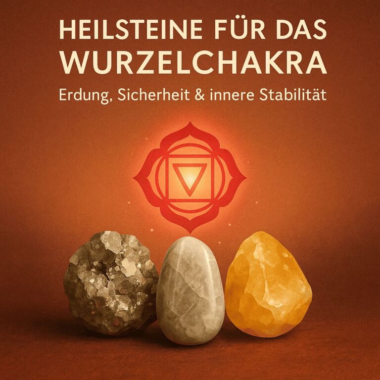 Illustration mit dunklen Heilsteinen und Wurzelchakra-Symbol – steht für Stabilität, Erdung und innere Sicherheit