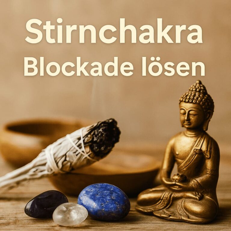 Visualisierung eines geöffneten Stirnchakras mit violettem Lichtstrahl in meditativer Atmosphäre