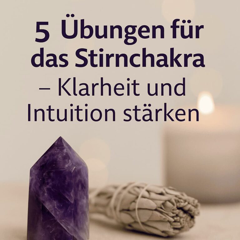 Visualisierung des Stirnchakras mit Meditationssymbol und lila Farbtönen für Klarheit und Intuition