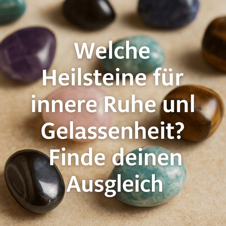 Ein flacher Teller mit ausgewählten Heilsteinen für mehr Ruhe und Gelassenheit – darunter Amethyst, Rosenquarz und blauer Calcit. Text: „Welche Heilsteine für innere Ruhe und Gelassenheit?“