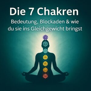Illustration der sieben Chakren mit Symbolen, Farben und Positionen entlang der Wirbelsäule