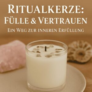 Ritualkerze mit grünen Peridot-Steinen, Rosenquarz und Ammonit – Symbol für Fülle und Vertrauen