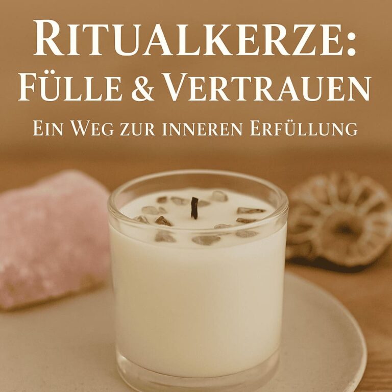 Ritualkerze mit grünen Peridot-Steinen, Rosenquarz und Ammonit – Symbol für Fülle und Vertrauen