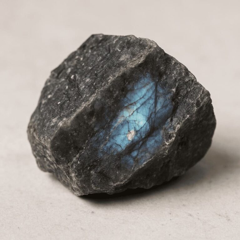 Labradorit-Rohstein mit irisierendem Schimmer auf hellem Hintergrund – symbolisiert Intuition, Wandlung und energetischen Schutz