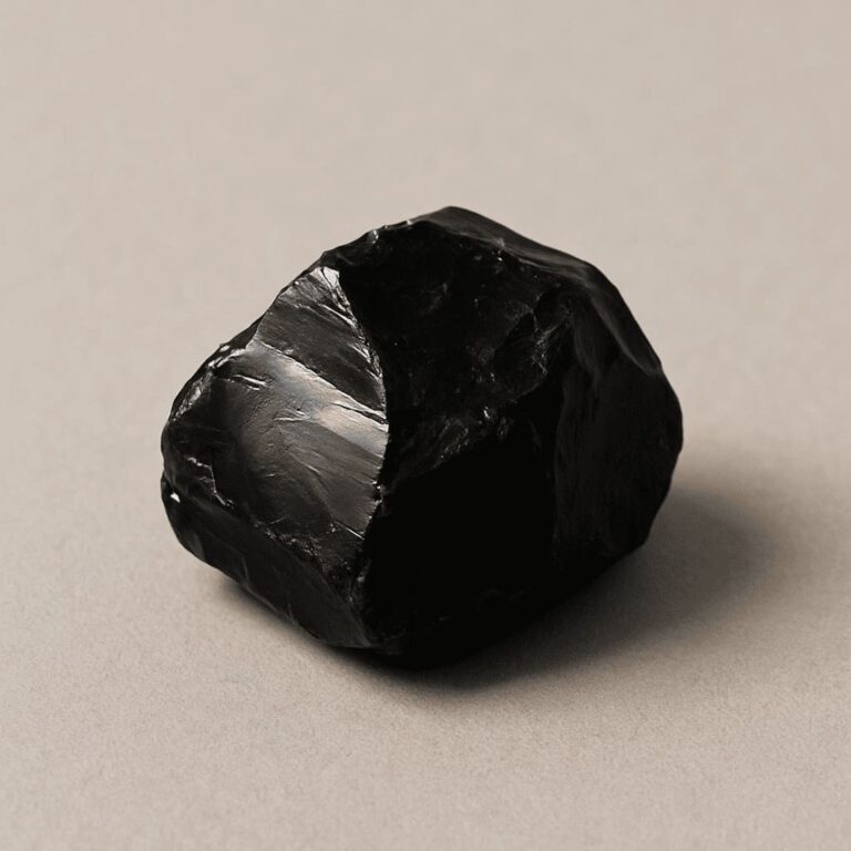 Tiefschwarzer Obsidian-Rohstein auf hellem Untergrund – steht für energetischen Schutz, Schattenarbeit und geistige Klärung