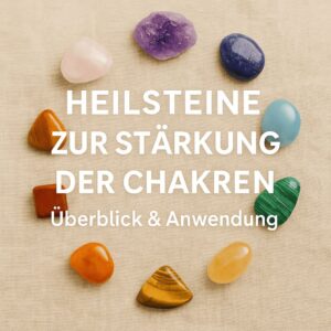 Heilsteine zur Stärkung der sieben Chakren – dekorativ auf Holztisch arrangiert