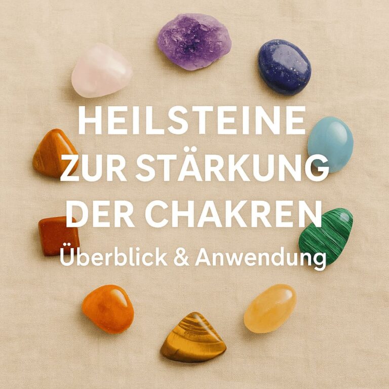 Heilsteine zur Stärkung der sieben Chakren – dekorativ auf Holztisch arrangiert