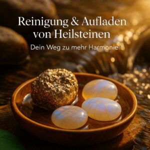 Heilsteine in einer natürlichen Umgebung mit Lichtakzenten – Symbol für Reinigung und energetisches Aufladen